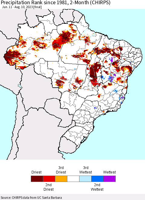 Brazil Precipitation Rank since 1981, 2-Month (CHIRPS) Thematic Map For 6/11/2023 - 8/10/2023