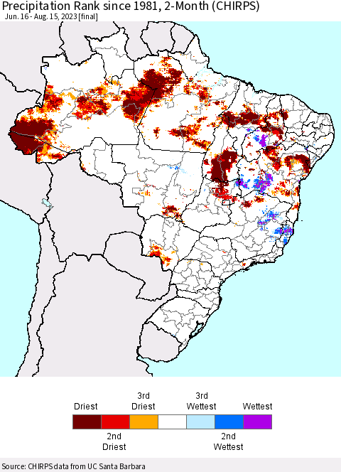 Brazil Precipitation Rank since 1981, 2-Month (CHIRPS) Thematic Map For 6/16/2023 - 8/15/2023