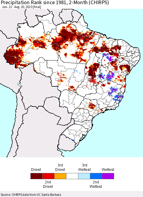 Brazil Precipitation Rank since 1981, 2-Month (CHIRPS) Thematic Map For 6/21/2023 - 8/20/2023