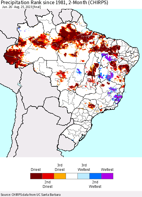 Brazil Precipitation Rank since 1981, 2-Month (CHIRPS) Thematic Map For 6/26/2023 - 8/25/2023