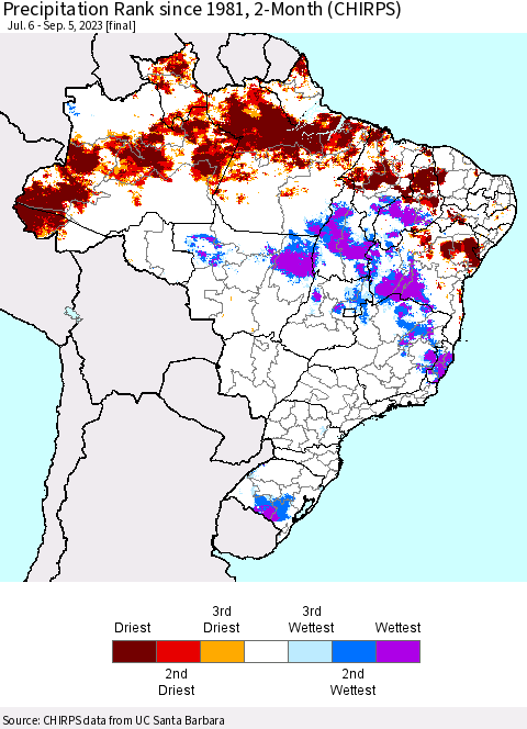 Brazil Precipitation Rank since 1981, 2-Month (CHIRPS) Thematic Map For 7/6/2023 - 9/5/2023
