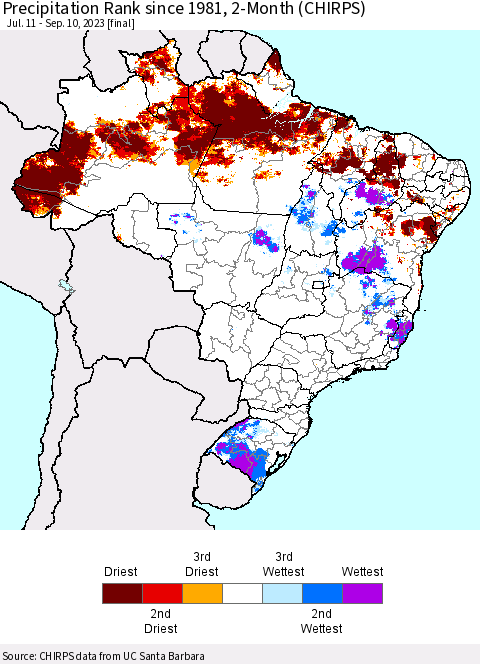 Brazil Precipitation Rank since 1981, 2-Month (CHIRPS) Thematic Map For 7/11/2023 - 9/10/2023
