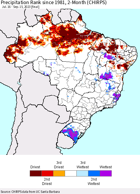 Brazil Precipitation Rank since 1981, 2-Month (CHIRPS) Thematic Map For 7/16/2023 - 9/15/2023