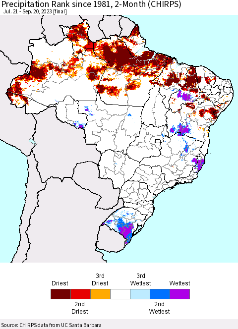 Brazil Precipitation Rank since 1981, 2-Month (CHIRPS) Thematic Map For 7/21/2023 - 9/20/2023