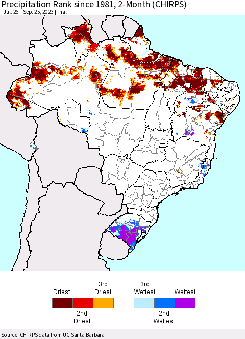 Brazil Precipitation Rank since 1981, 2-Month (CHIRPS) Thematic Map For 7/26/2023 - 9/25/2023
