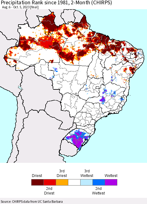 Brazil Precipitation Rank since 1981, 2-Month (CHIRPS) Thematic Map For 8/6/2023 - 10/5/2023