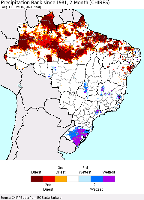 Brazil Precipitation Rank since 1981, 2-Month (CHIRPS) Thematic Map For 8/11/2023 - 10/10/2023
