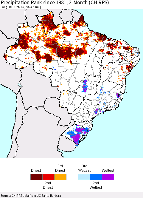 Brazil Precipitation Rank since 1981, 2-Month (CHIRPS) Thematic Map For 8/16/2023 - 10/15/2023