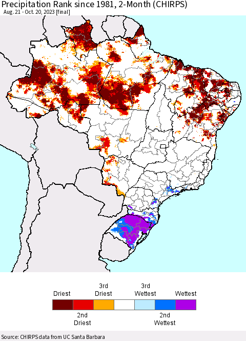 Brazil Precipitation Rank since 1981, 2-Month (CHIRPS) Thematic Map For 8/21/2023 - 10/20/2023