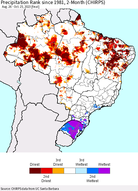 Brazil Precipitation Rank since 1981, 2-Month (CHIRPS) Thematic Map For 8/26/2023 - 10/25/2023