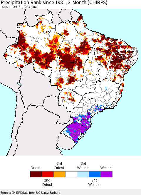 Brazil Precipitation Rank since 1981, 2-Month (CHIRPS) Thematic Map For 9/1/2023 - 10/31/2023