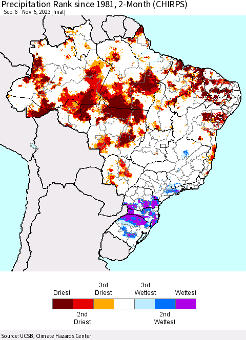Brazil Precipitation Rank since 1981, 2-Month (CHIRPS) Thematic Map For 9/6/2023 - 11/5/2023