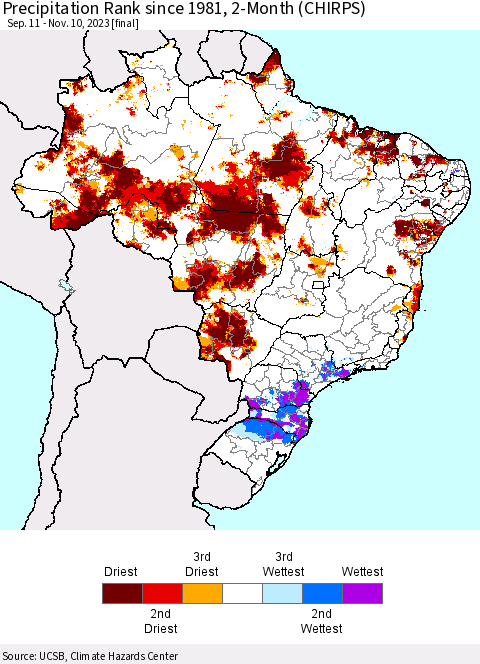 Brazil Precipitation Rank since 1981, 2-Month (CHIRPS) Thematic Map For 9/11/2023 - 11/10/2023