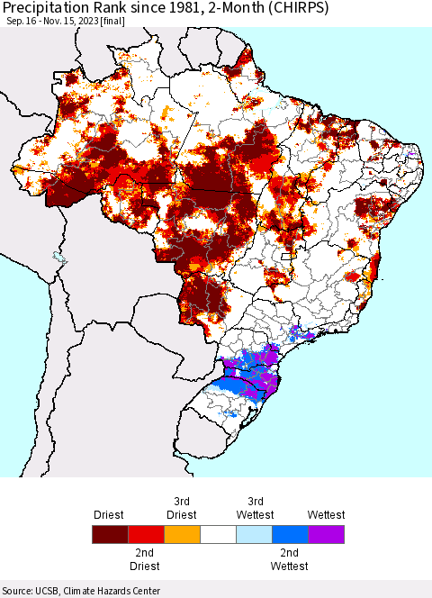 Brazil Precipitation Rank since 1981, 2-Month (CHIRPS) Thematic Map For 9/16/2023 - 11/15/2023