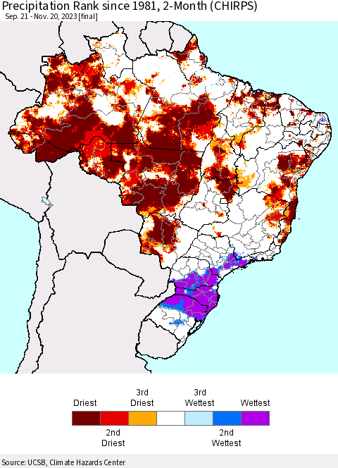 Brazil Precipitation Rank since 1981, 2-Month (CHIRPS) Thematic Map For 9/21/2023 - 11/20/2023