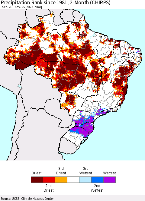 Brazil Precipitation Rank since 1981, 2-Month (CHIRPS) Thematic Map For 9/26/2023 - 11/25/2023