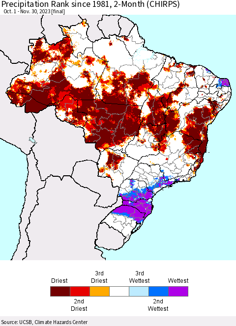 Brazil Precipitation Rank since 1981, 2-Month (CHIRPS) Thematic Map For 10/1/2023 - 11/30/2023