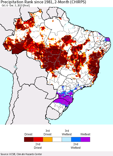 Brazil Precipitation Rank since 1981, 2-Month (CHIRPS) Thematic Map For 10/6/2023 - 12/5/2023