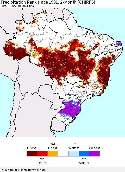 Brazil Precipitation Rank since 1981, 2-Month (CHIRPS) Thematic Map For 10/11/2023 - 12/10/2023