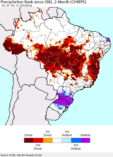 Brazil Precipitation Rank since 1981, 2-Month (CHIRPS) Thematic Map For 10/16/2023 - 12/15/2023