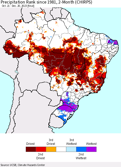 Brazil Precipitation Rank since 1981, 2-Month (CHIRPS) Thematic Map For 10/21/2023 - 12/20/2023