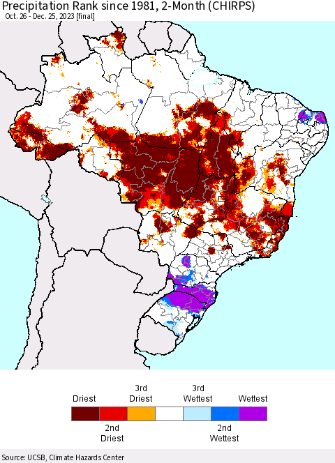 Brazil Precipitation Rank since 1981, 2-Month (CHIRPS) Thematic Map For 10/26/2023 - 12/25/2023