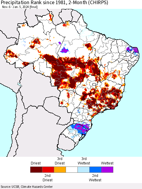 Brazil Precipitation Rank since 1981, 2-Month (CHIRPS) Thematic Map For 11/6/2023 - 1/5/2024