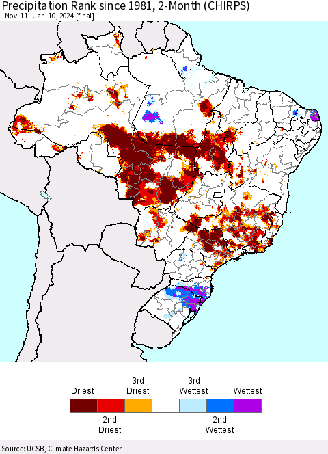 Brazil Precipitation Rank since 1981, 2-Month (CHIRPS) Thematic Map For 11/11/2023 - 1/10/2024