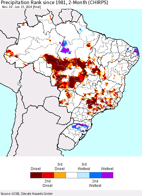 Brazil Precipitation Rank since 1981, 2-Month (CHIRPS) Thematic Map For 11/16/2023 - 1/15/2024