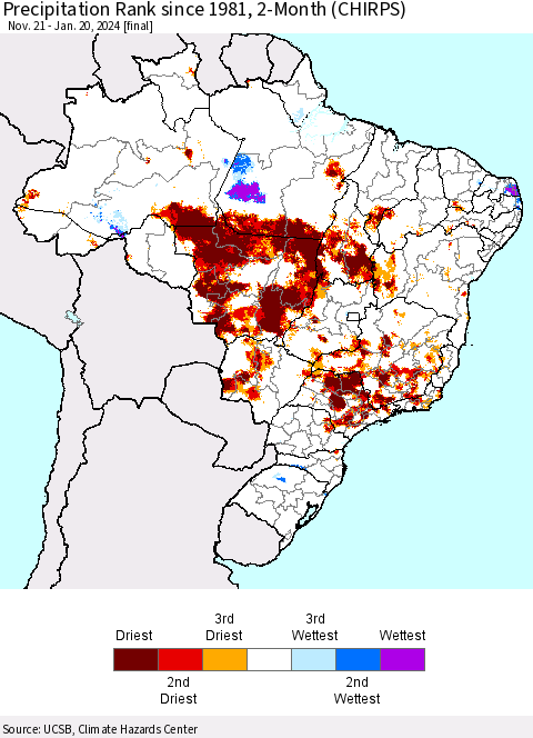 Brazil Precipitation Rank since 1981, 2-Month (CHIRPS) Thematic Map For 11/21/2023 - 1/20/2024