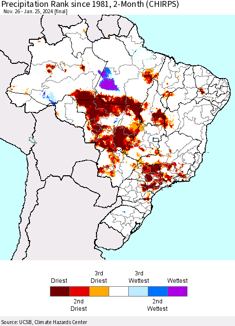 Brazil Precipitation Rank since 1981, 2-Month (CHIRPS) Thematic Map For 11/26/2023 - 1/25/2024