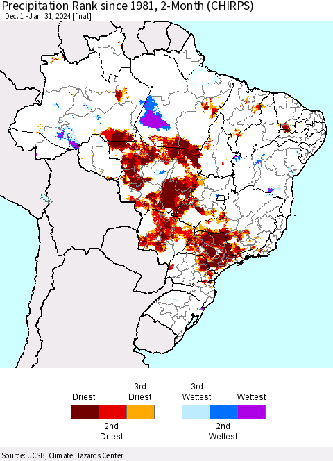 Brazil Precipitation Rank since 1981, 2-Month (CHIRPS) Thematic Map For 12/1/2023 - 1/31/2024