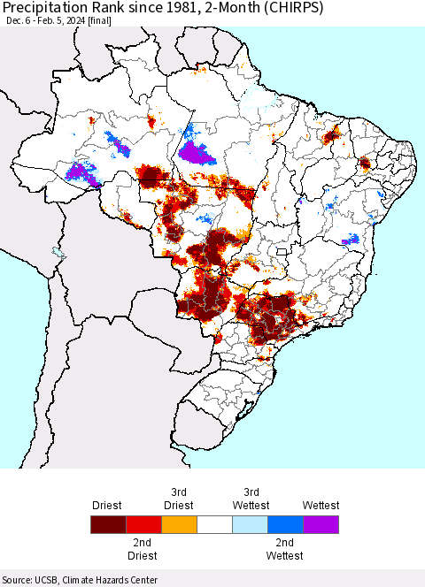 Brazil Precipitation Rank since 1981, 2-Month (CHIRPS) Thematic Map For 12/6/2023 - 2/5/2024