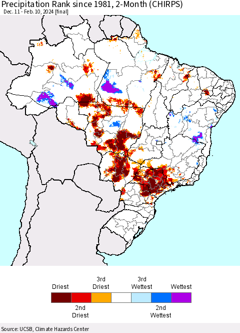 Brazil Precipitation Rank since 1981, 2-Month (CHIRPS) Thematic Map For 12/11/2023 - 2/10/2024