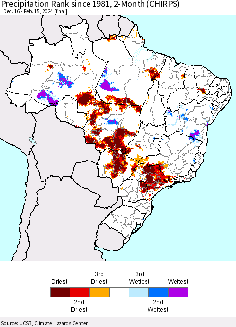 Brazil Precipitation Rank since 1981, 2-Month (CHIRPS) Thematic Map For 12/16/2023 - 2/15/2024
