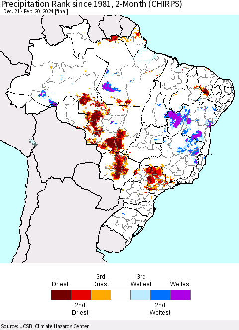 Brazil Precipitation Rank since 1981, 2-Month (CHIRPS) Thematic Map For 12/21/2023 - 2/20/2024