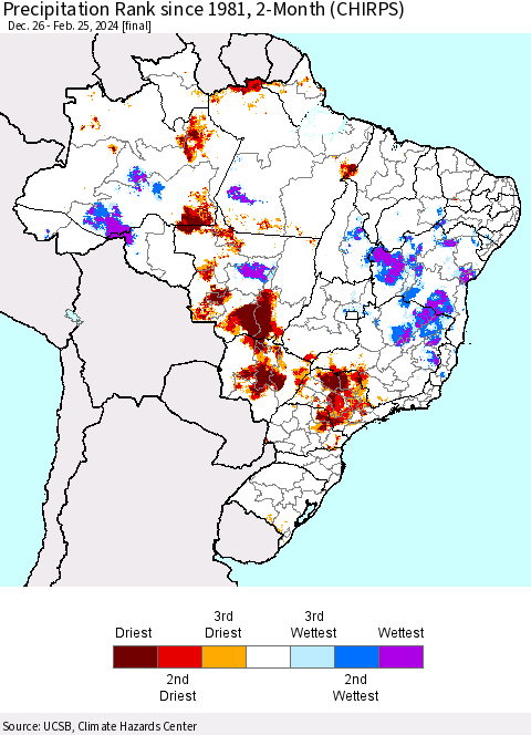 Brazil Precipitation Rank since 1981, 2-Month (CHIRPS) Thematic Map For 12/26/2023 - 2/25/2024