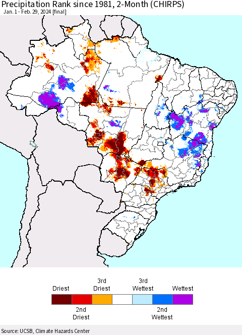Brazil Precipitation Rank since 1981, 2-Month (CHIRPS) Thematic Map For 1/1/2024 - 2/29/2024
