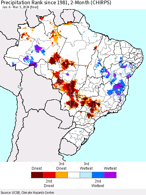 Brazil Precipitation Rank since 1981, 2-Month (CHIRPS) Thematic Map For 1/6/2024 - 3/5/2024