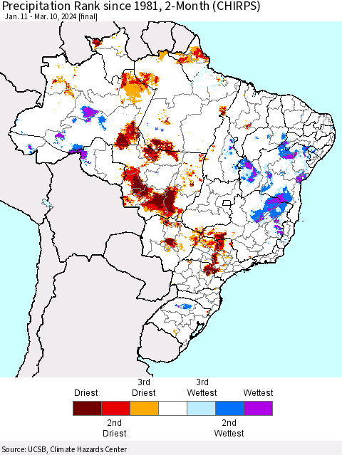 Brazil Precipitation Rank since 1981, 2-Month (CHIRPS) Thematic Map For 1/11/2024 - 3/10/2024