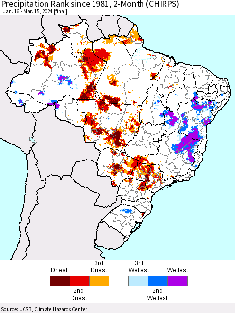Brazil Precipitation Rank since 1981, 2-Month (CHIRPS) Thematic Map For 1/16/2024 - 3/15/2024