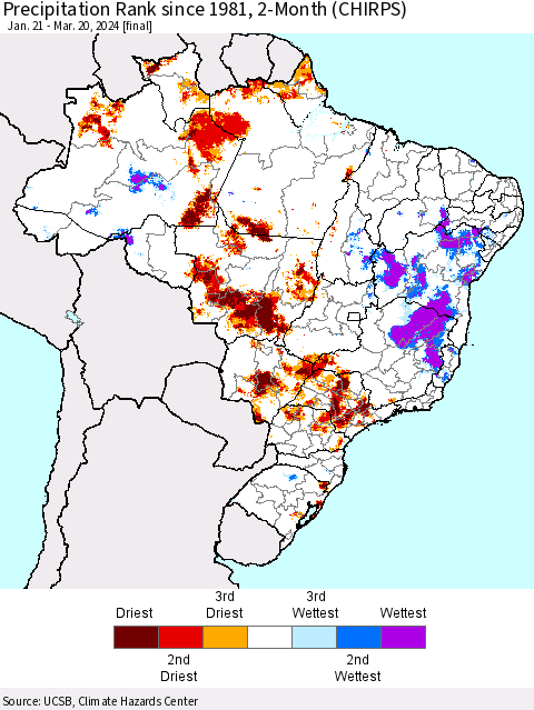 Brazil Precipitation Rank since 1981, 2-Month (CHIRPS) Thematic Map For 1/21/2024 - 3/20/2024