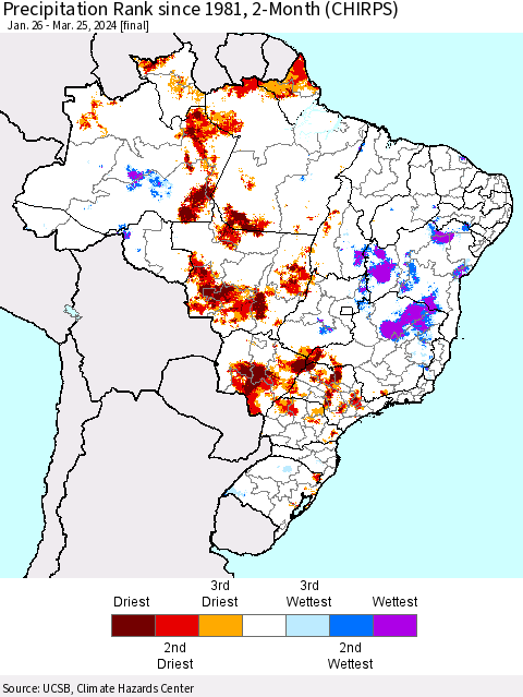 Brazil Precipitation Rank since 1981, 2-Month (CHIRPS) Thematic Map For 1/26/2024 - 3/25/2024