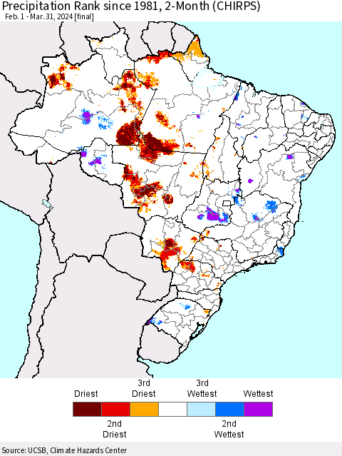 Brazil Precipitation Rank since 1981, 2-Month (CHIRPS) Thematic Map For 2/1/2024 - 3/31/2024