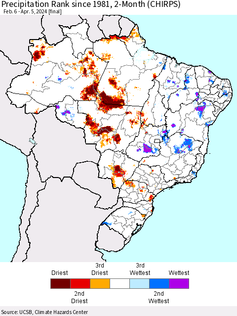 Brazil Precipitation Rank since 1981, 2-Month (CHIRPS) Thematic Map For 2/6/2024 - 4/5/2024