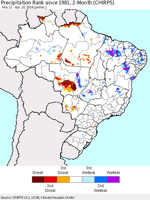 Brazil Precipitation Rank since 1981, 2-Month (CHIRPS) Thematic Map For 2/11/2024 - 4/10/2024