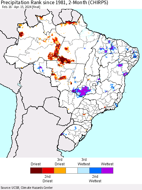 Brazil Precipitation Rank since 1981, 2-Month (CHIRPS) Thematic Map For 2/16/2024 - 4/15/2024
