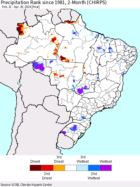Brazil Precipitation Rank since 1981, 2-Month (CHIRPS) Thematic Map For 2/21/2024 - 4/20/2024