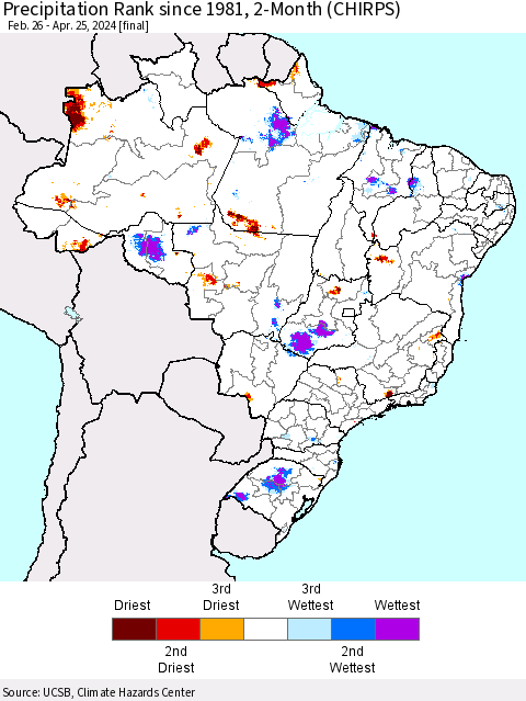 Brazil Precipitation Rank since 1981, 2-Month (CHIRPS) Thematic Map For 2/26/2024 - 4/25/2024