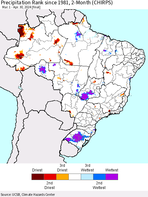 Brazil Precipitation Rank since 1981, 2-Month (CHIRPS) Thematic Map For 3/1/2024 - 4/30/2024
